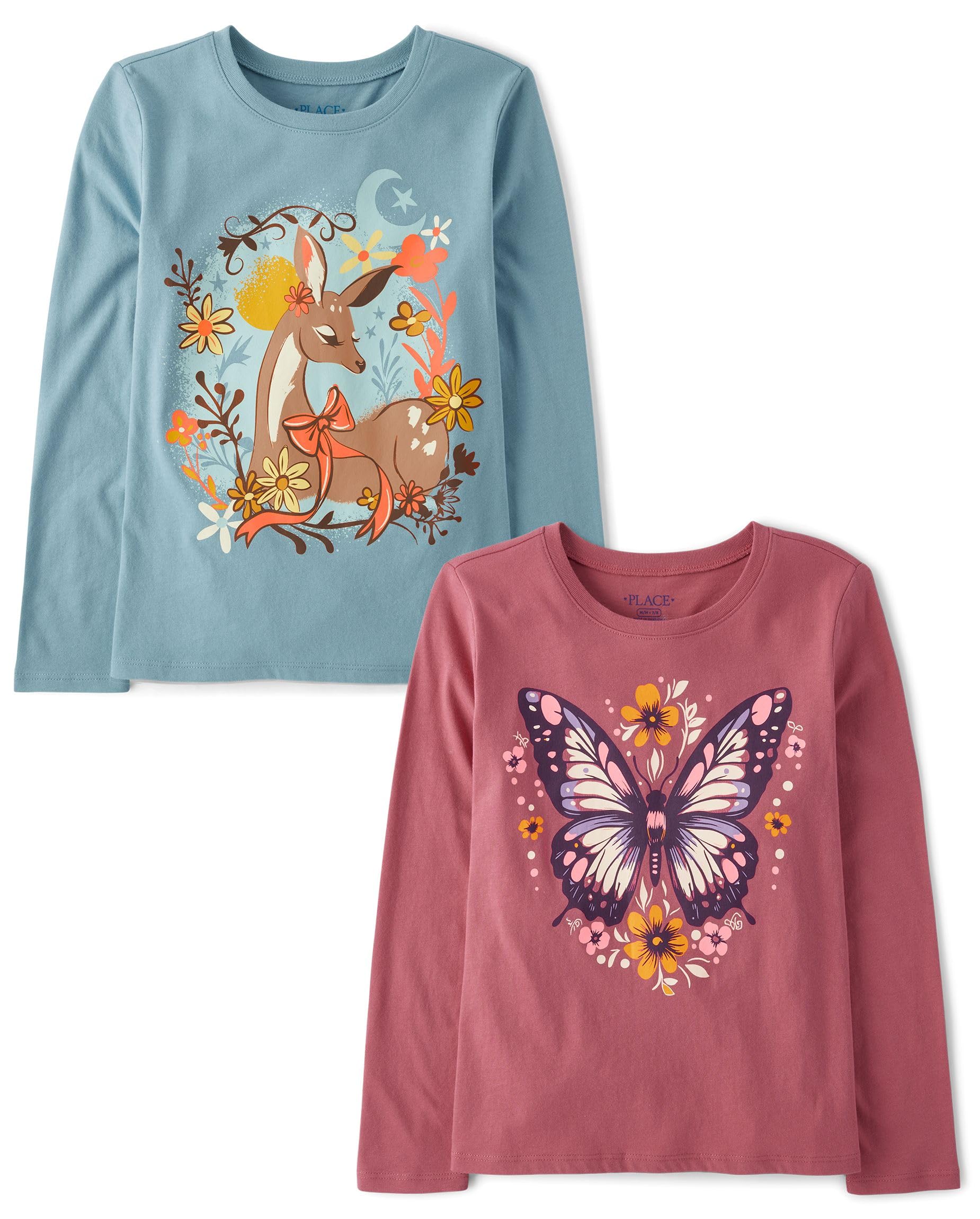 The Children's Place Girls Unicorns,Sports,Butterflies Long Sleeve Graphic T-Shirts,2 Pack