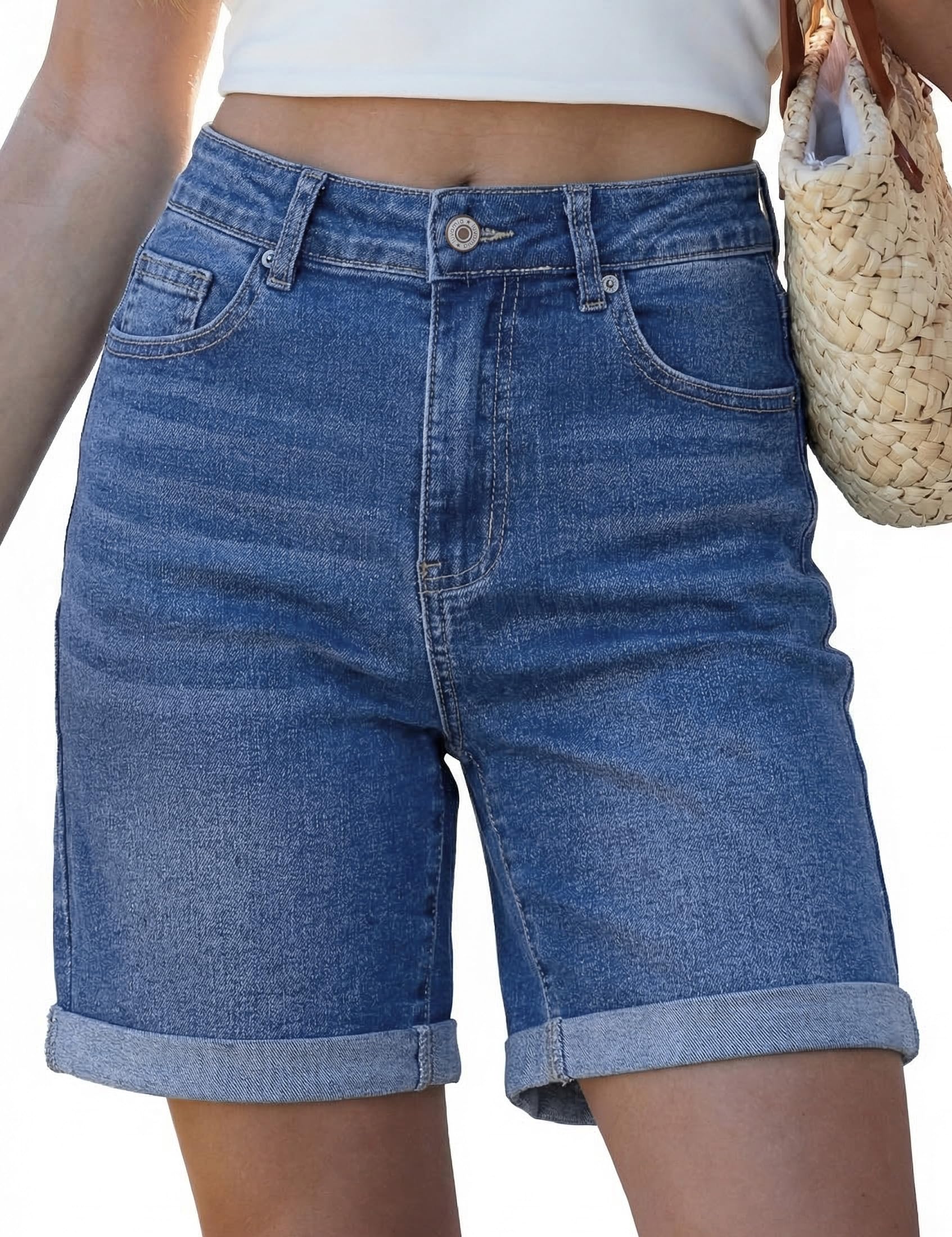 luvamia Jean Shorts for Women High Waisted Trendy Causal Summer Fold Hem Stretchy Long Denim Shorts 7 Inch Inseam
