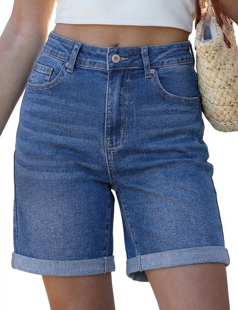 luvamia Jean Shorts for Women High Waisted Trendy Causal Summer Fold Hem Stretchy Long Denim Shorts 7 Inch Inseam