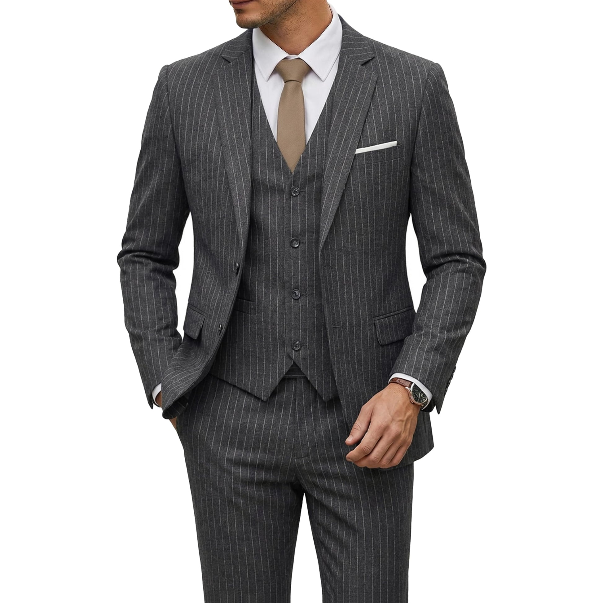 YND Men's 3 Piece Suit Set with Tie, 2 Button Slim Fit Solid Blazer Jacket Vest Pants, Business Wedding Party Suits for Men-82
