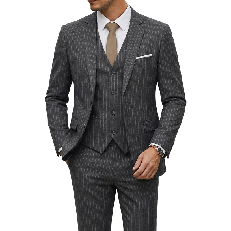 YND Men's 3 Piece Suit Set with Tie, 2 Button Slim Fit Solid Blazer Jacket Vest Pants, Business Wedding Party Suits for Men-82