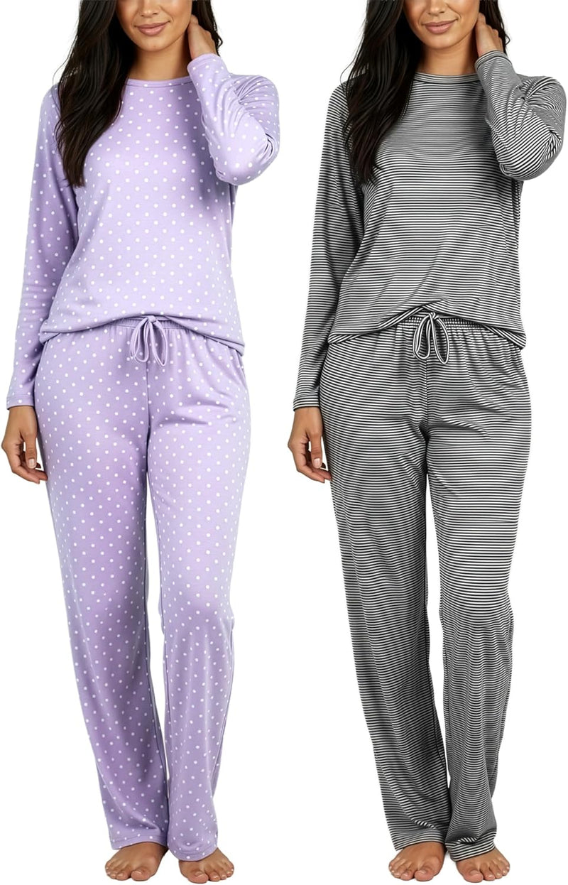 Real Essentials 2 Pack: Women's Comfy Pajama Sets - Short & Long Sleeve Ladies Loungewear Sleepwear PJs (Available In Plus)-96