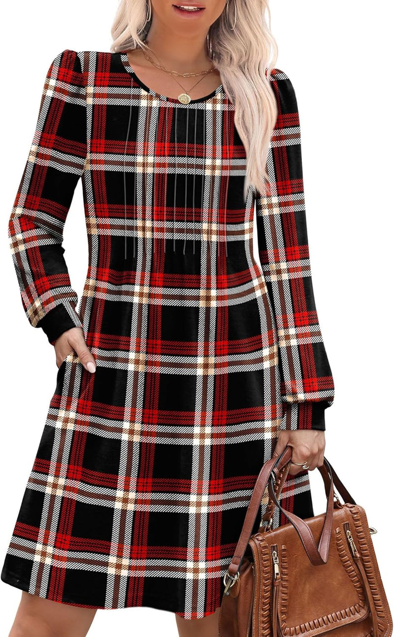 OFEEFAN Long Sleeve Dress for Women Pleated Crew Neck Casual Babydoll Sweater Dress with Pockets Fall Outfits Fashion-19