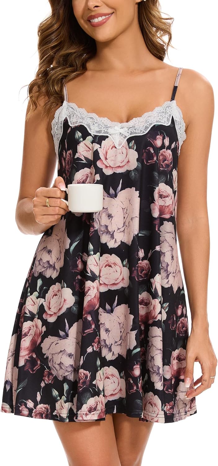Nightgowns for Women Sexy Lace Sleepwear V Neck Short Night Gowns Sleeveless Chemise Nighty-40