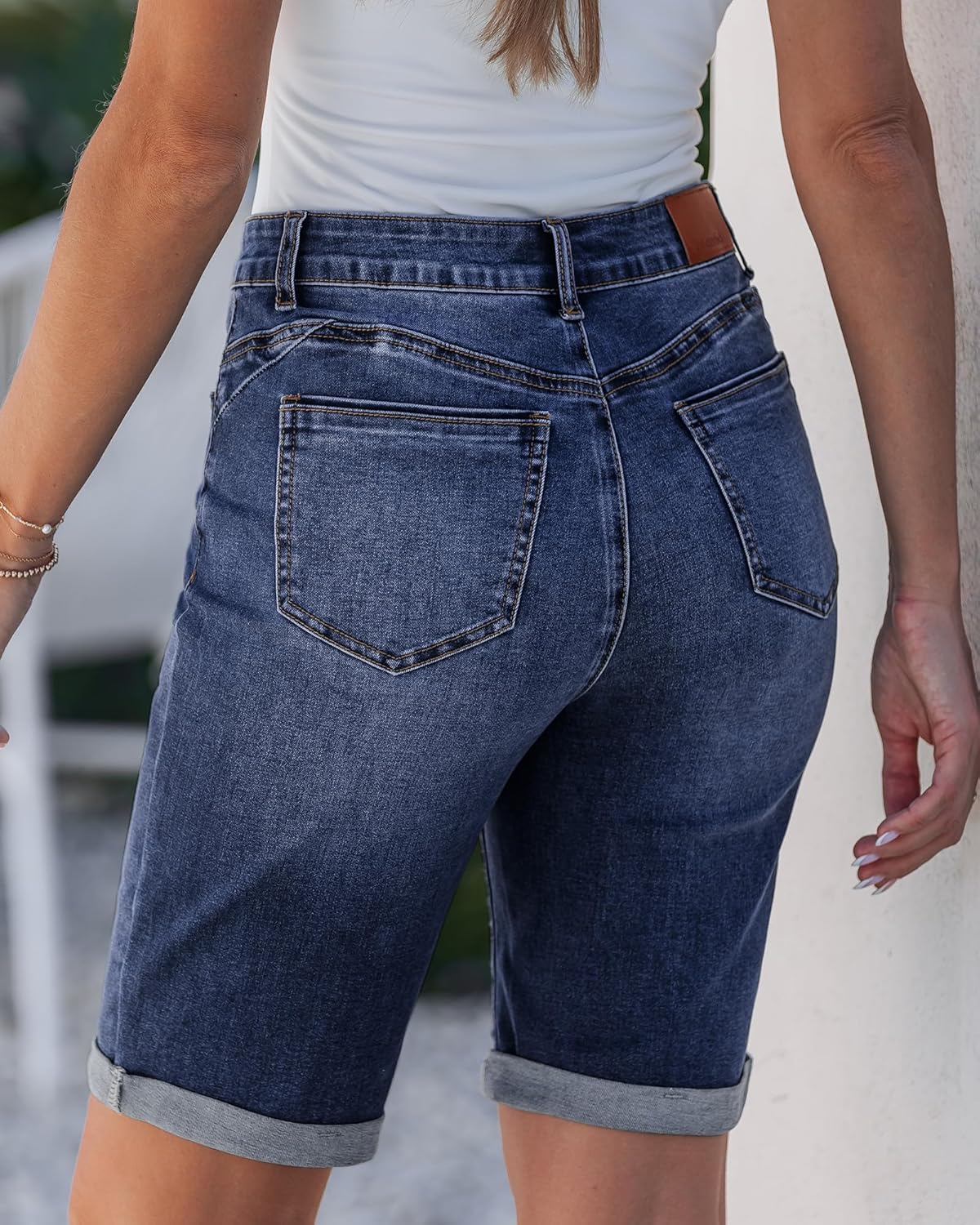 luvamia Bermuda Jean Shorts for Women Knee Length High Waisted Trendy Cuffed Hem Long Stretchy Denim Shorts Summer Jorts