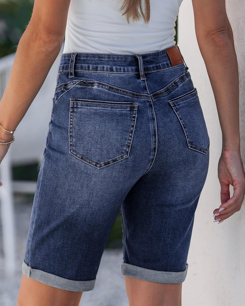 luvamia Bermuda Jean Shorts for Women Knee Length High Waisted Trendy Cuffed Hem Long Stretchy Denim Shorts Summer Jorts