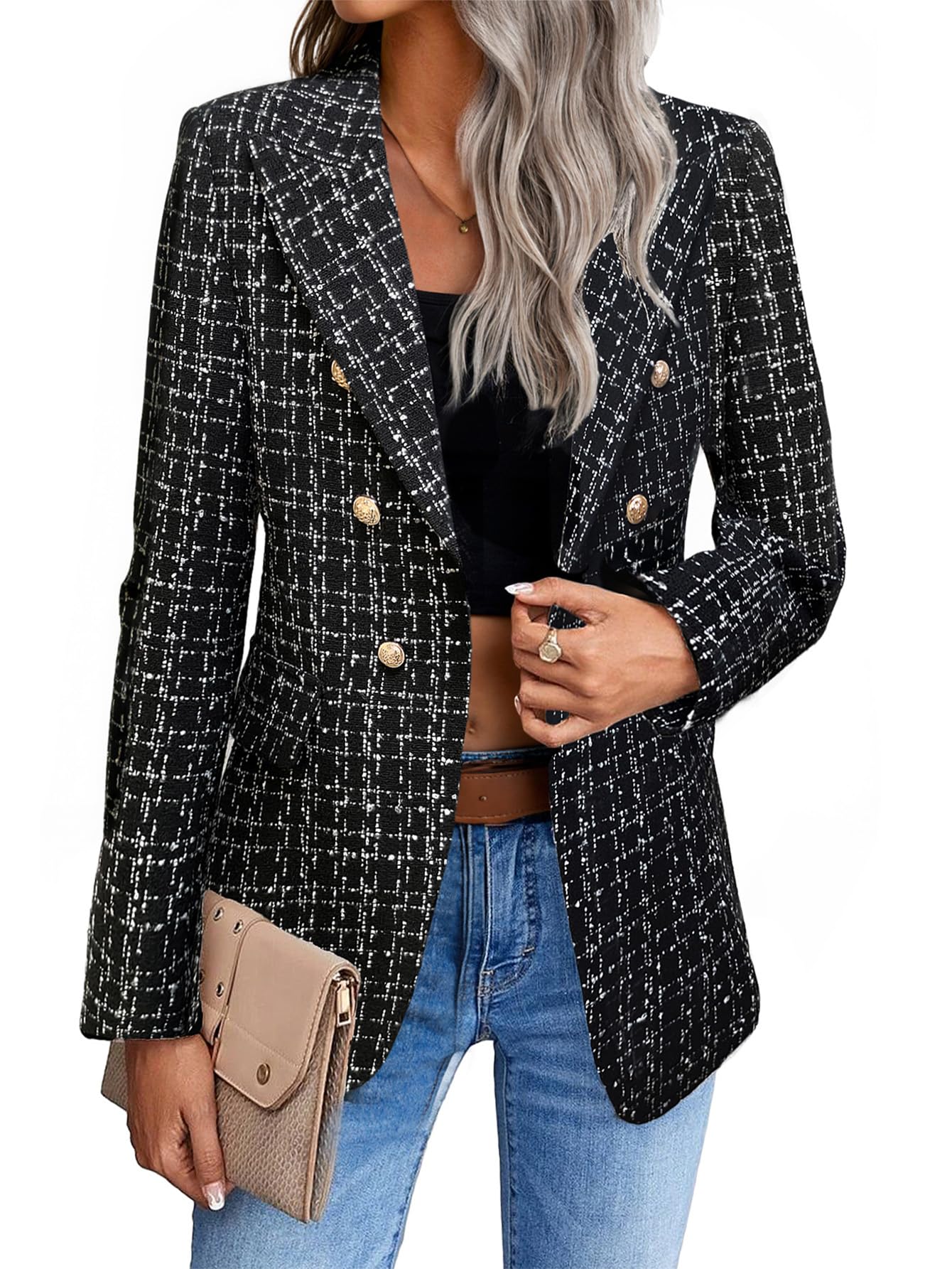 Mina Self 2026 Winter Women's Tweed Wool Blazer Jacket - Plaid Warm Fully Lined Fashion Business Casual Elegant Coat Pockets-81