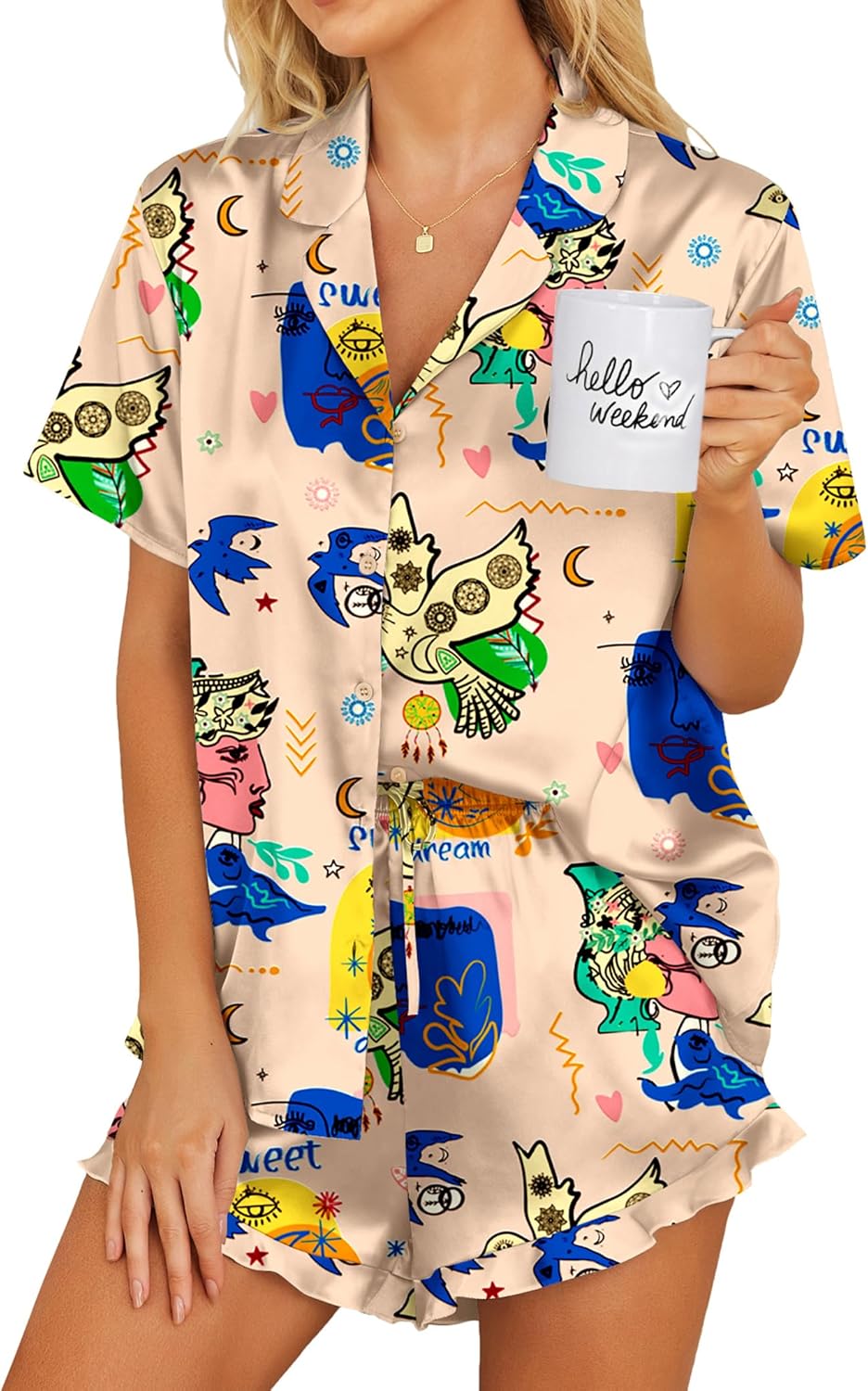 Ekouaer Womens Satin Pajamas Set Button Down 2 Piece Silk Pjs Shorts Set Ruffle Lingerie Notch Collar Sleepwear-4