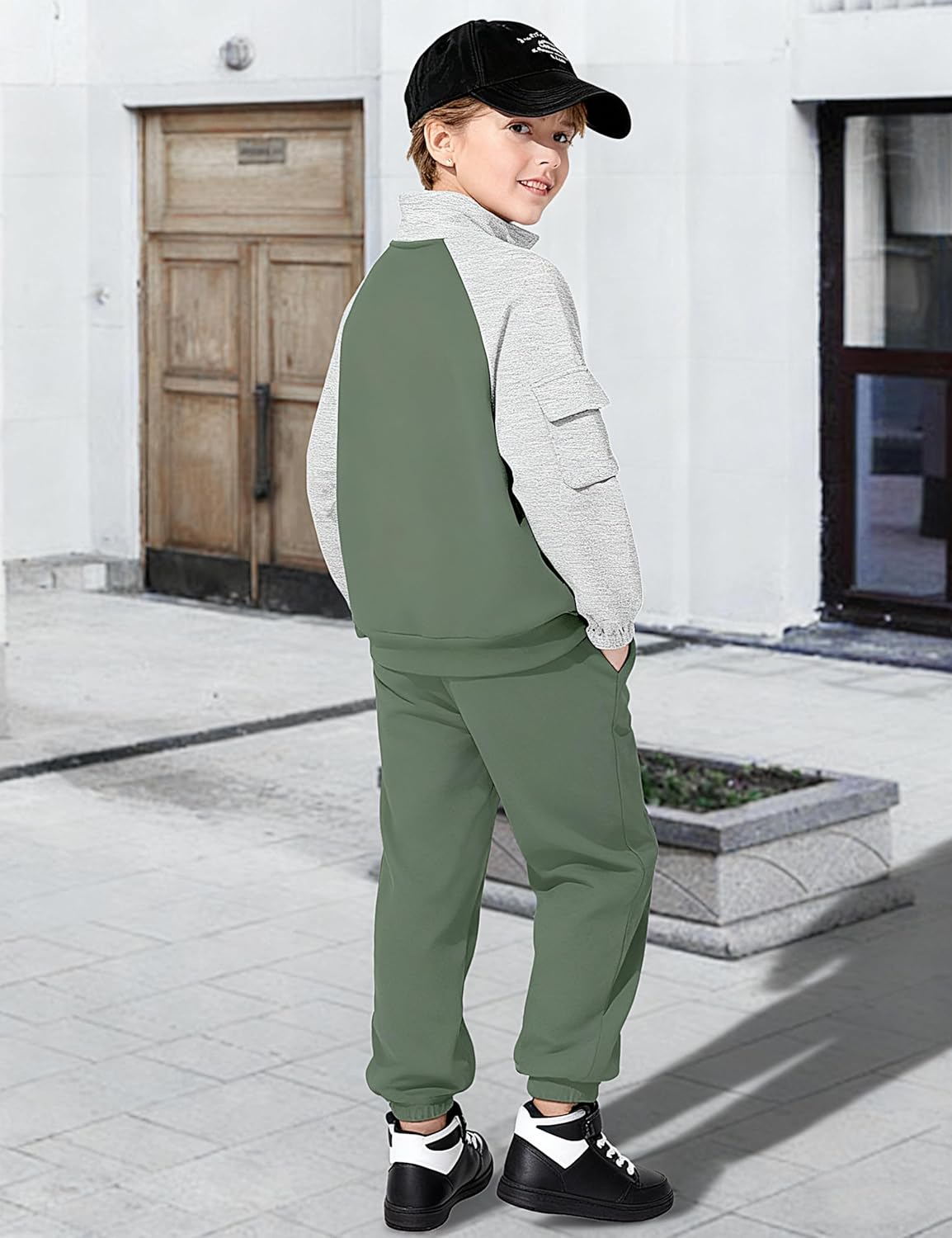 ADIRUN Boys Clothes Quarter Zip Long Sleeve with Pocket Sweatshirt Pants 2Pcs Color Block Fall Winter Outfits Set 6-12T