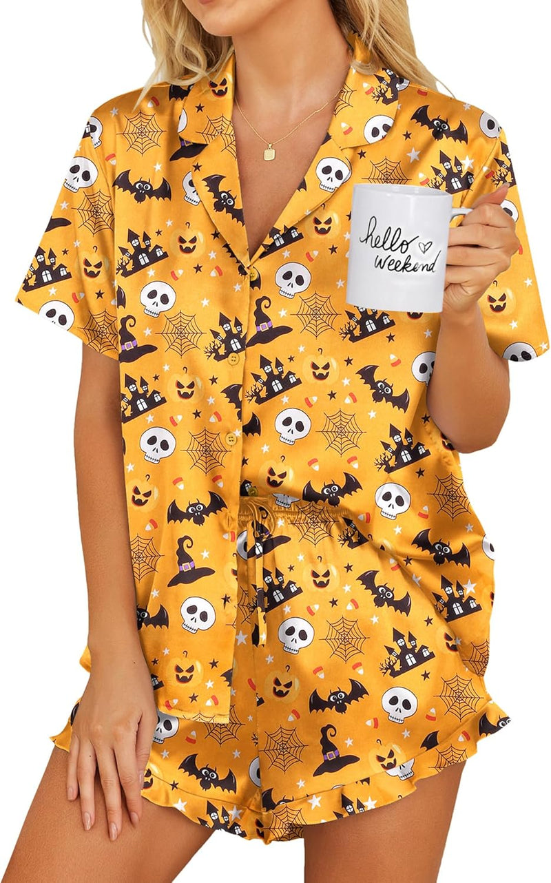 Ekouaer Womens Satin Pajamas Set Button Down 2 Piece Silk Pjs Shorts Set Ruffle Lingerie Notch Collar Sleepwear-60