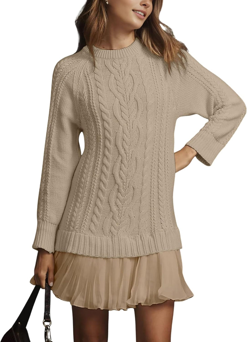 Women Cable Knit Sweater Dress Crewneck Long Sleeve Pleated Mini Dress Twofer Style Patchwork Dress-1