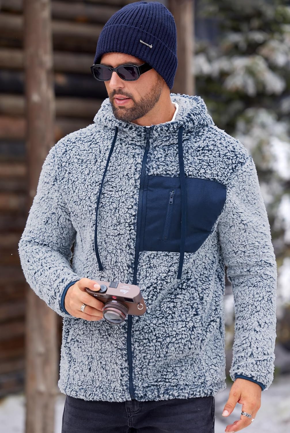 VOGSTART Men's Sherpa Jacket Fuzzy Warm Lightweight Winter Hoodie Coat