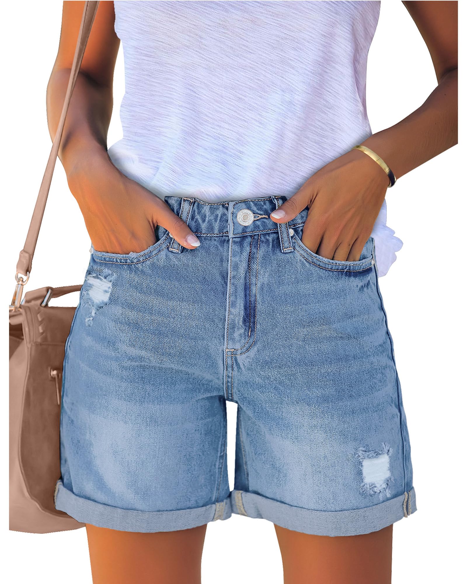 luvamia Women's Casual Ripped Denim Shorts High Rise Distressed Rolled Hem Jeans Shorts