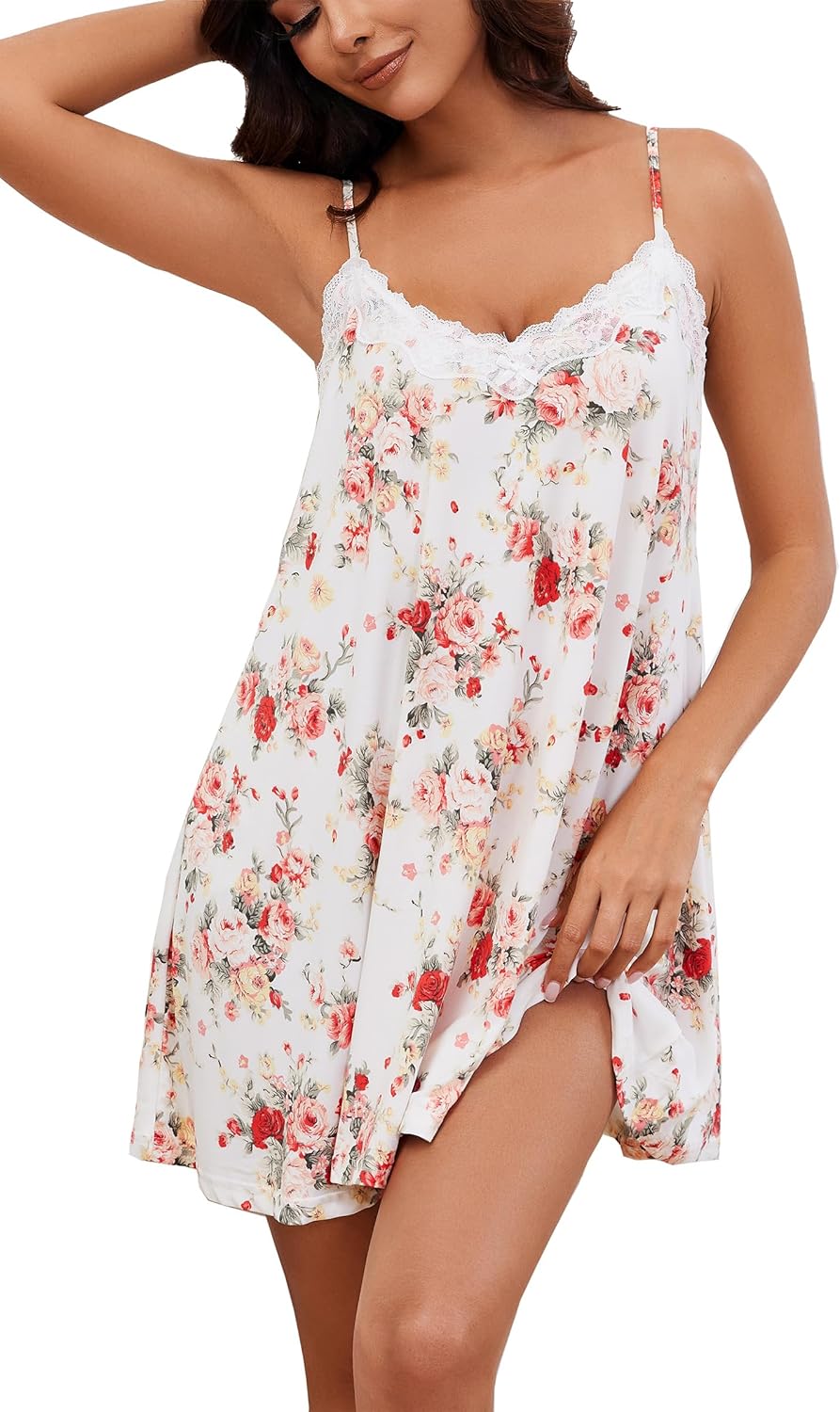 Nightgowns for Women Sexy Lace Sleepwear V Neck Short Night Gowns Sleeveless Chemise Nighty-50