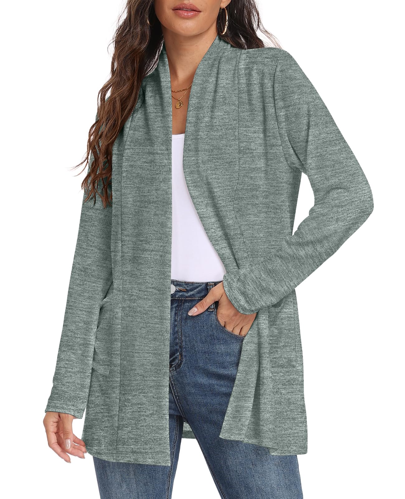 Womens Long Sleeve Lightweight Cardigan Open Front Casual Draped Cardigans with Pockets