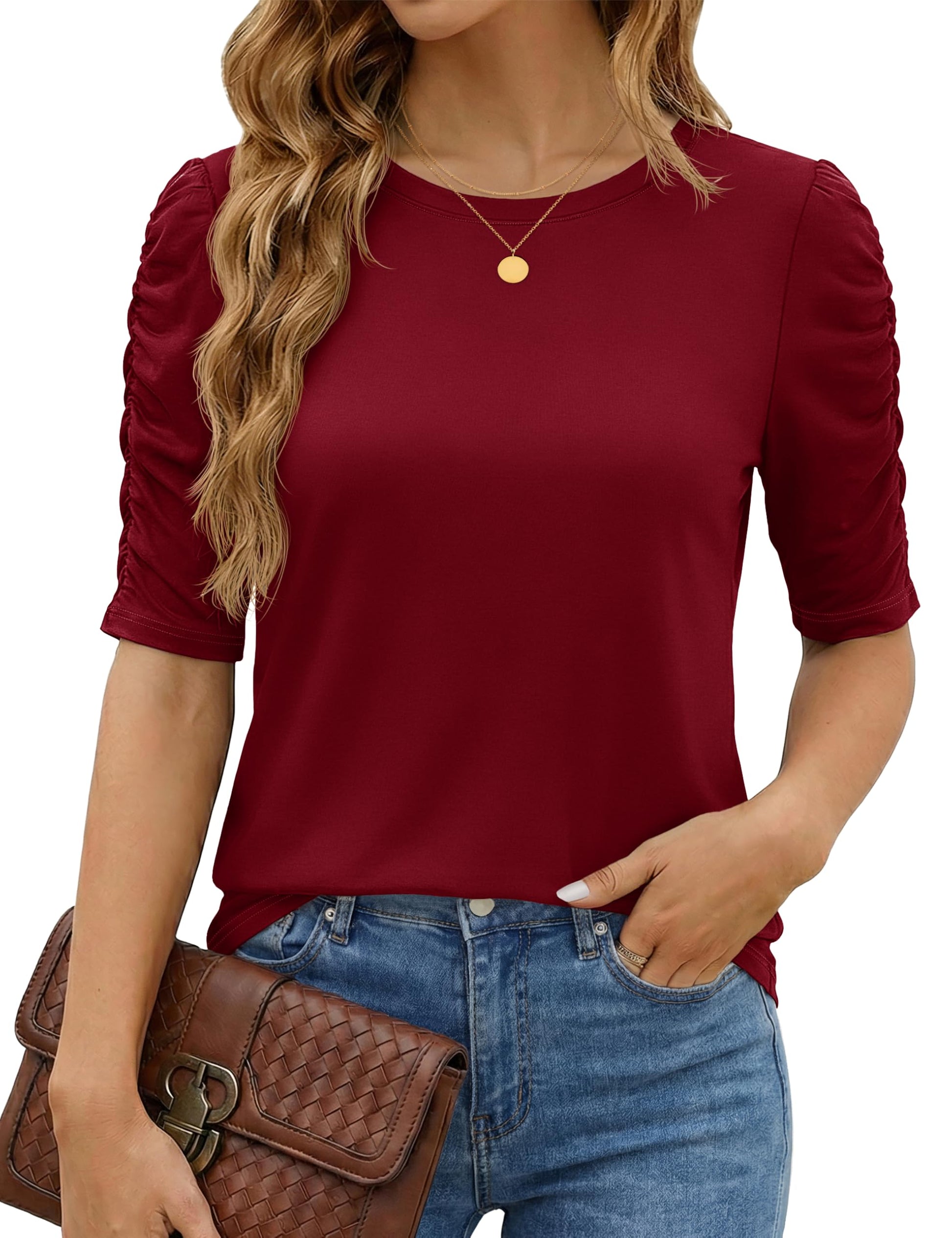 YUCOLEN Women's Crewneck T-Shirt Ruffle Half Sleeve Tops 2026 Casual Curved Hem Blouse Tee Shirts-7