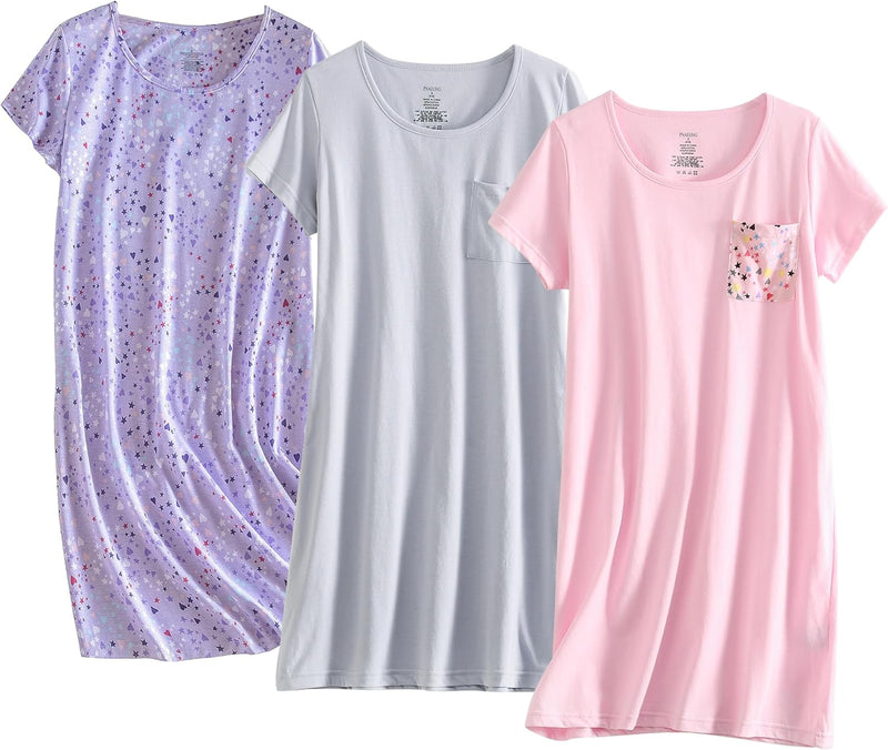 PNAEONG 3 Pack Women's Cotton Nightgown Sleepwear Short Sleeves Shirt Casual Print Sleepdress-65