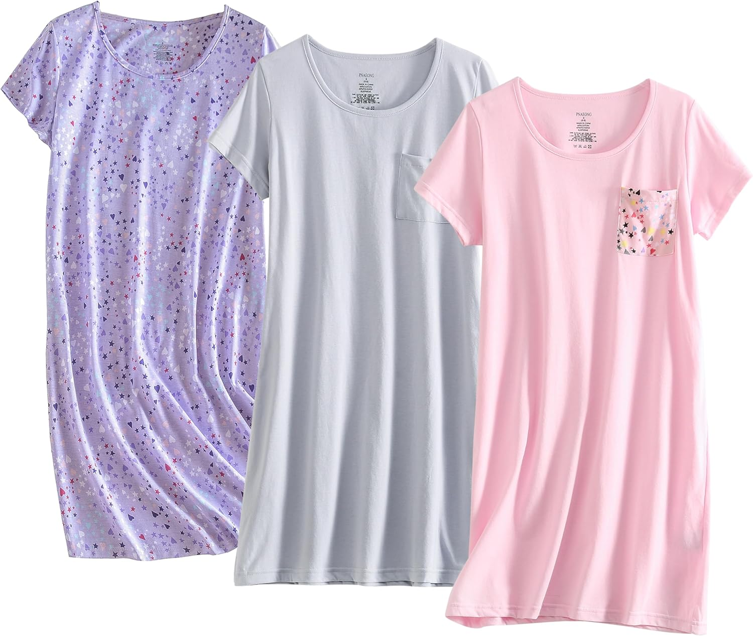 PNAEONG 3 Pack Women's Cotton Nightgown Sleepwear Short Sleeves Shirt Casual Print Sleepdress-10