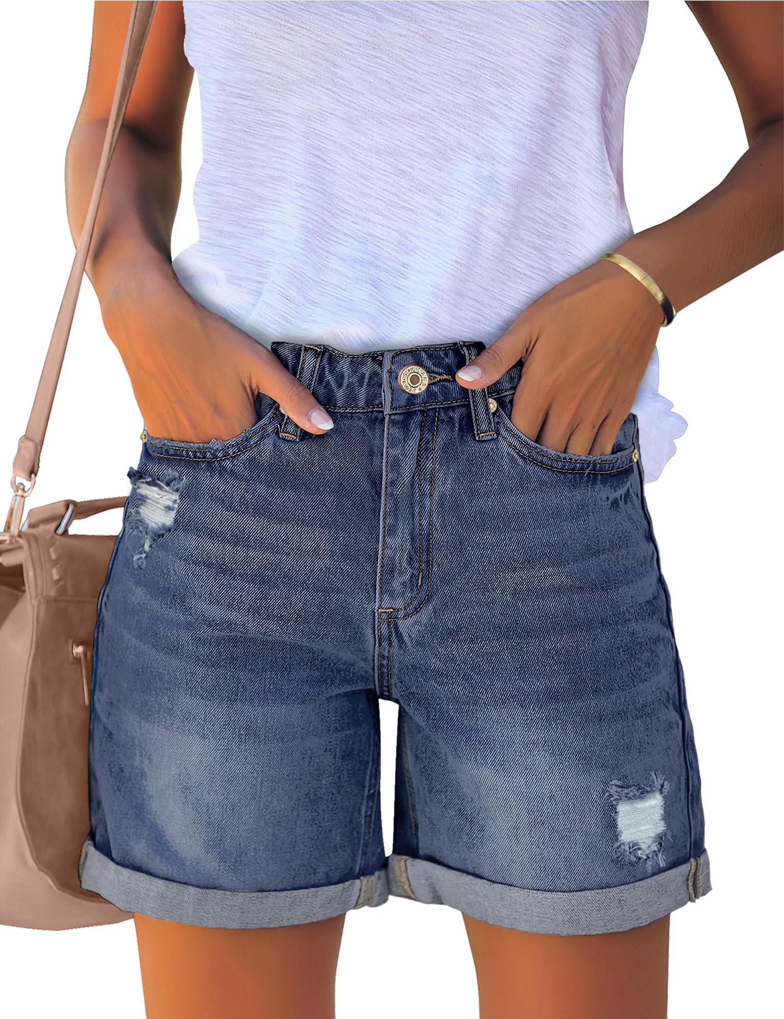luvamia Women's Casual Ripped Denim Shorts High Rise Distressed Rolled Hem Jeans Shorts