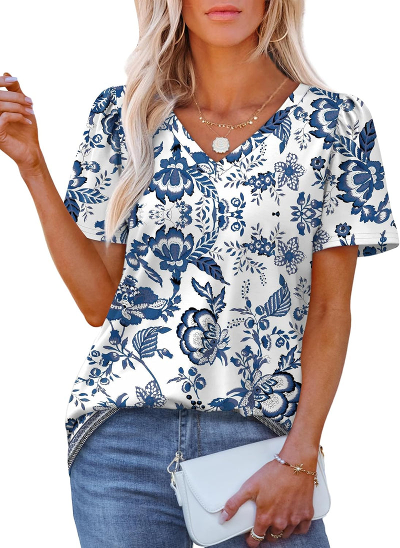 OFEEFAN T Shirts for Women V Neck Dressy Casual Blouses Puff Short Sleeve Summer Tops Loose Fit-11