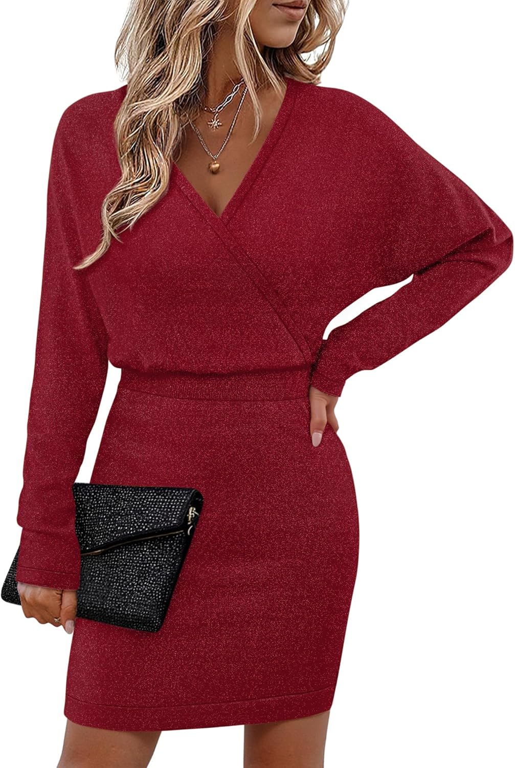 Bebonnie Womens Sexy V Neck Batwing Sleeve Sparkly Cocktail Party Sweater Dresses Holiday Bodycon Midi Dress-36