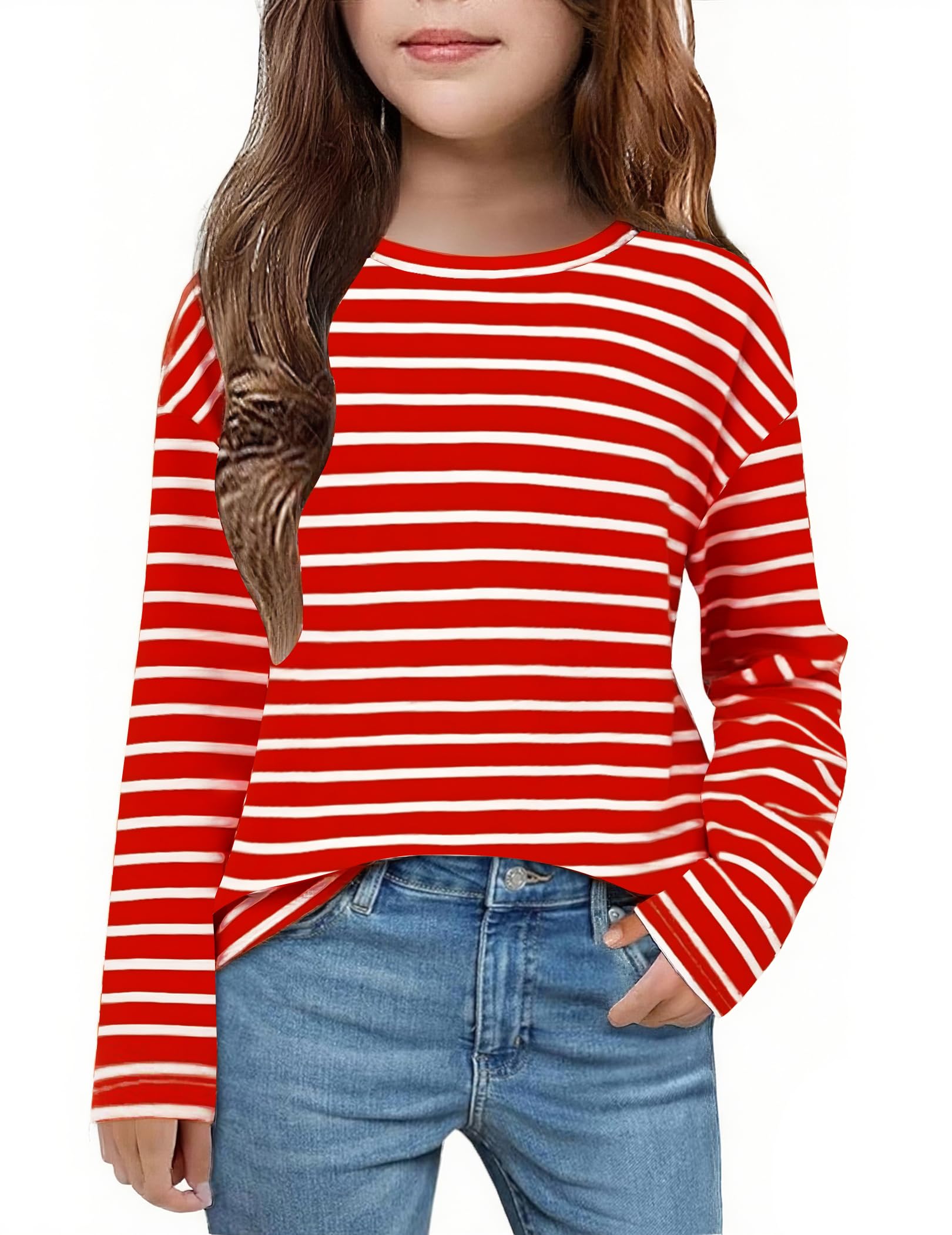 Arshiner Girls Striped Long Sleeve Shirts Drop Shoulder Casual Fashionable Crewneck Blouse Tee Tops