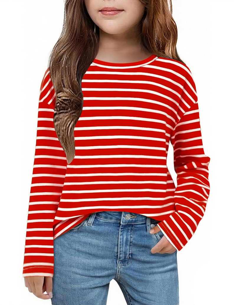 Arshiner Girls Striped Long Sleeve Shirts Drop Shoulder Casual Fashionable Crewneck Blouse Tee Tops