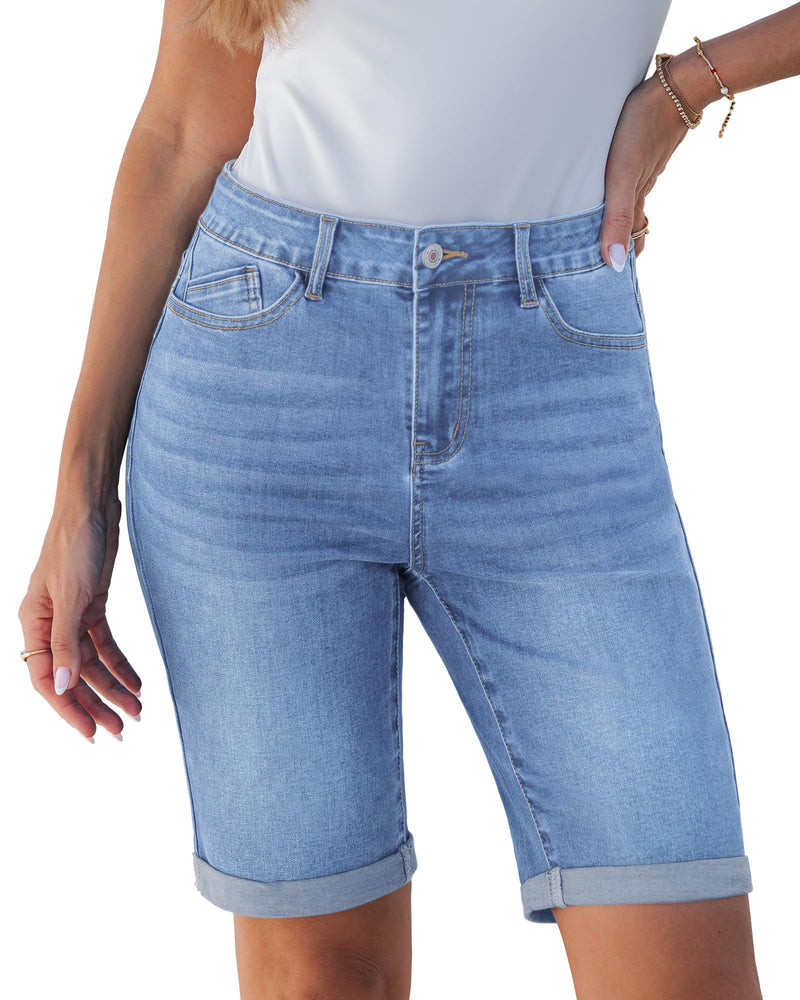 luvamia Bermuda Jean Shorts for Women Knee Length High Waisted Trendy Cuffed Hem Long Stretchy Denim Shorts Summer Jorts