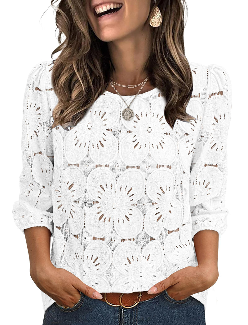 Sampeel Women Blouses Dressy Casual 3/4 Length Sleeve Tops Eyelet Lace Spring Summer Shirts Beach Vacation Clothes