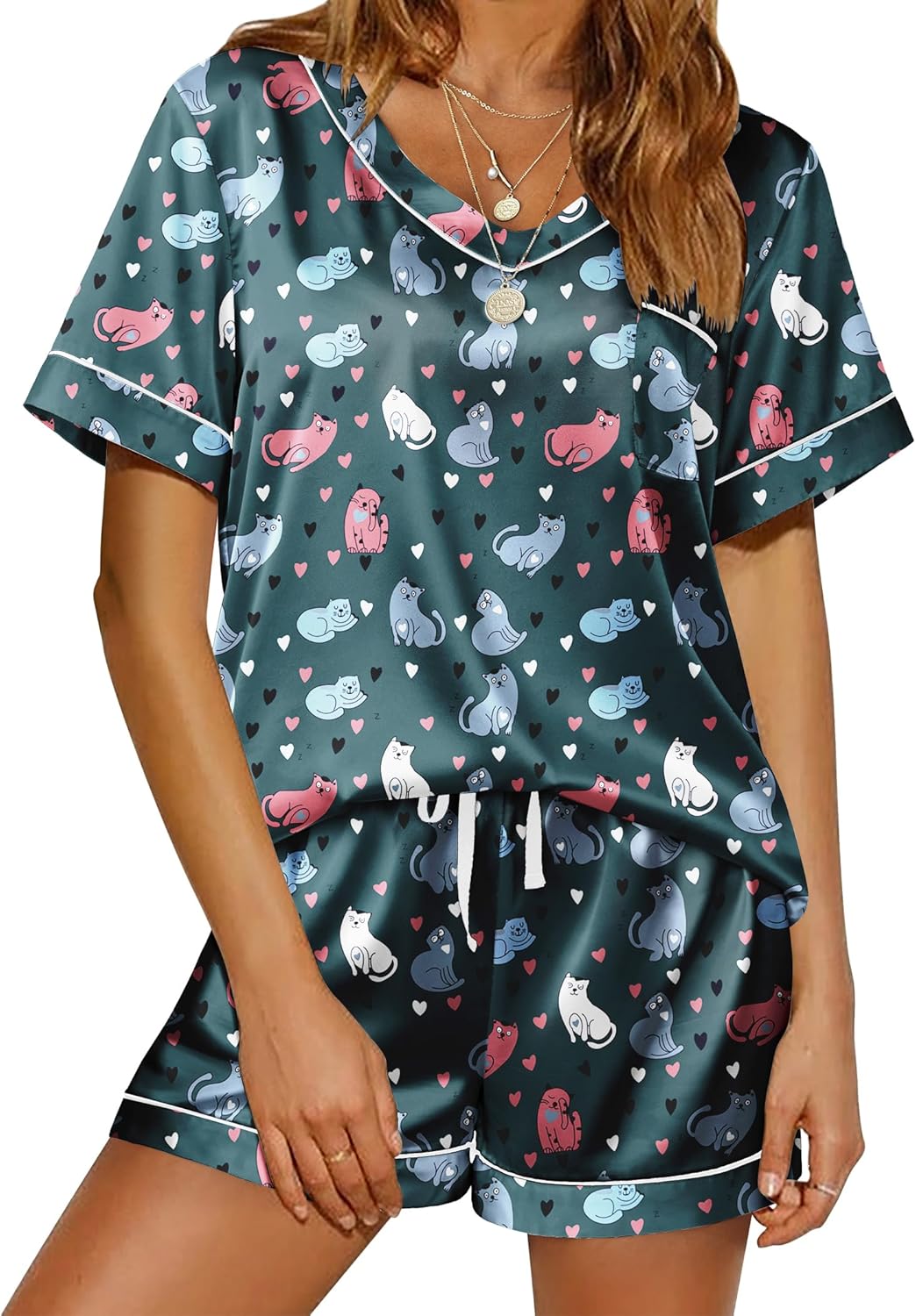 Ekouaer Silk Pajama for Women Short Sleeve Satin Pj Set Two Piece Soft Sleepwear Loungewear, S-XXL-47