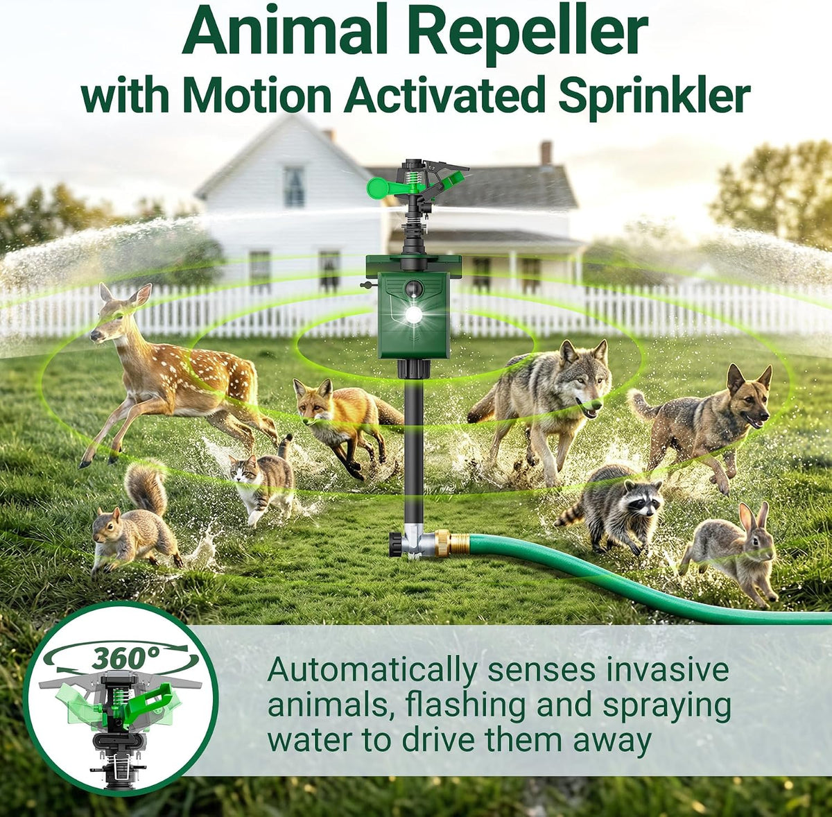 Motion Activated Animal Repeller with Water Sprinkler, Deer Repellent Devices Solar Powered, IP65 Waterproof Cat Repellent Outdoor with Flashing Light, Deter Deer Foxes Skunks Raccoons from Garden