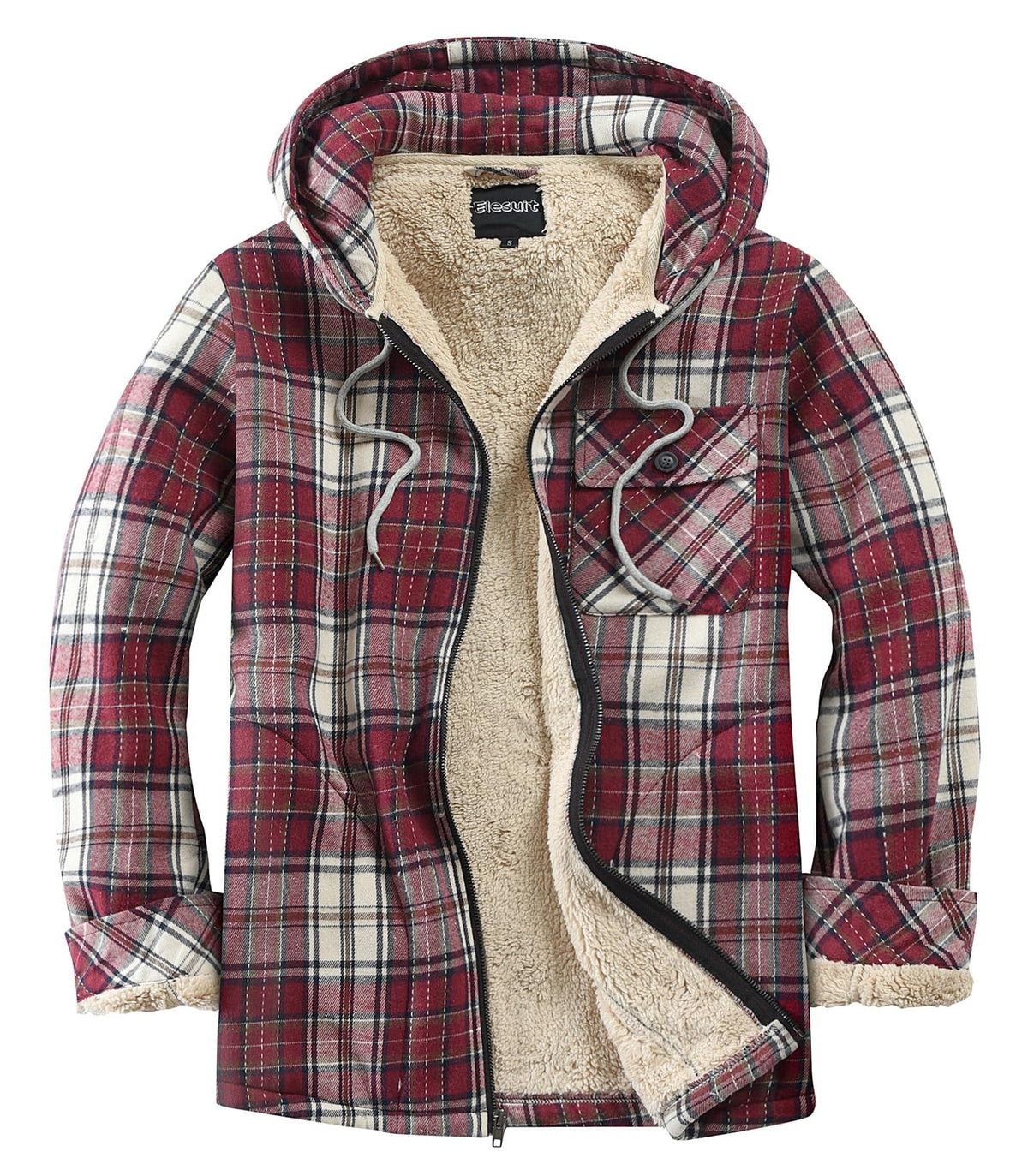 Elesuit Men's Full Zip Fleece Flannel Jacket Shirt Plaid Cotton Hoodie Coat