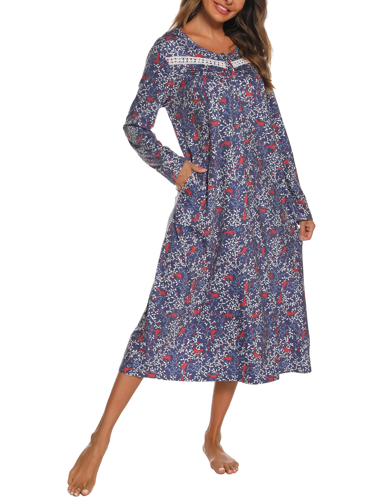 YOZLY Nightgowns for Women Soft Cotton Long Sleeve Night Gwon with Pockets-14