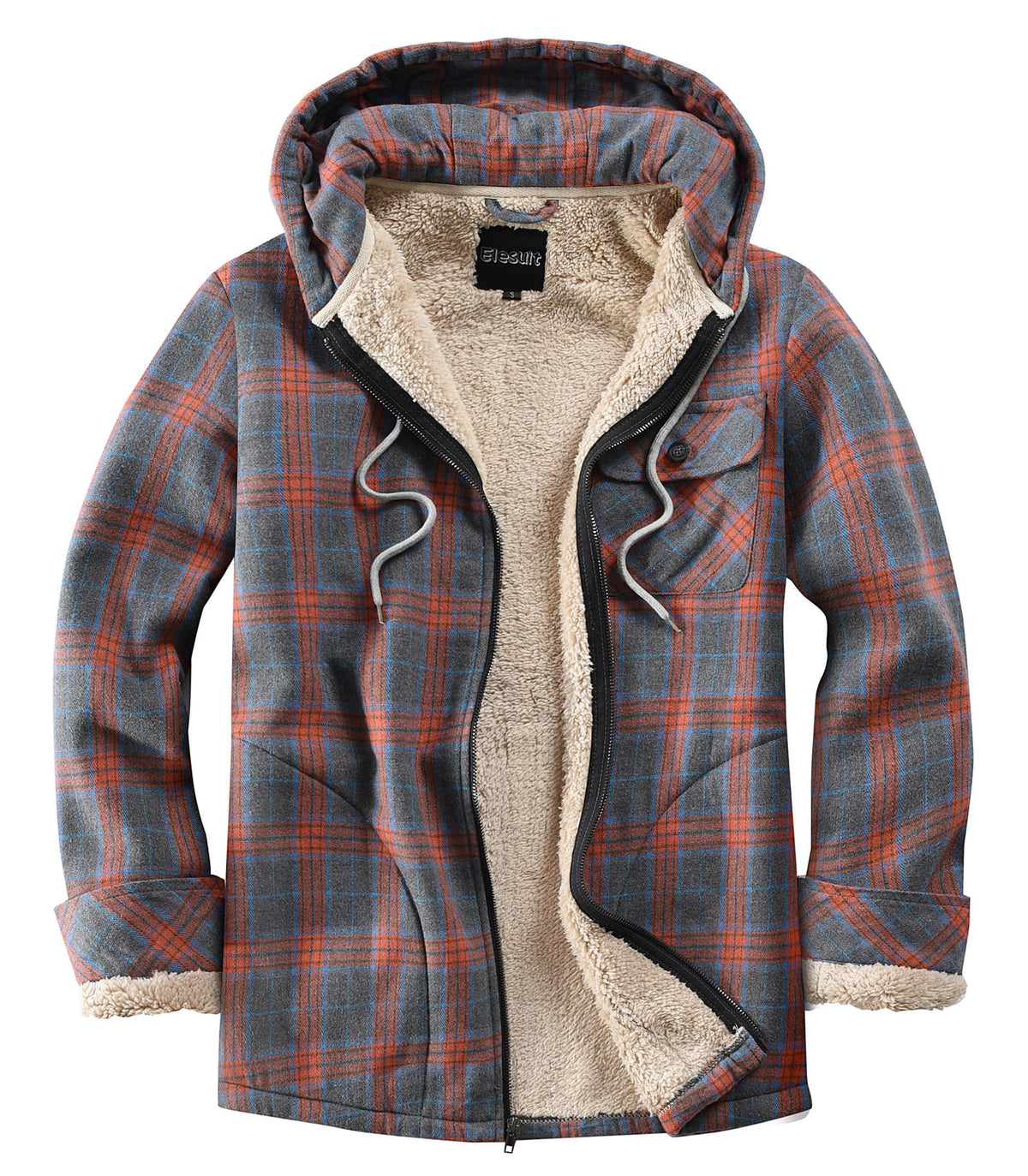 Elesuit Men's Full Zip Fleece Flannel Jacket Shirt Plaid Cotton Hoodie Coat