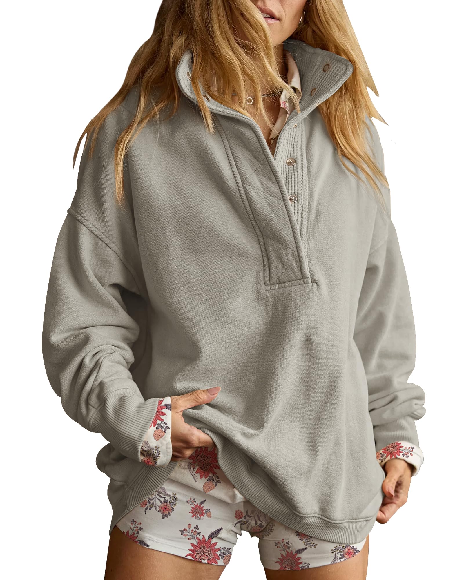Gacaky Sweatshirt for Women Oversized Casual Long Sleeve Button Henley Neck Pullover Tops Fashion Outfits Clothes-17