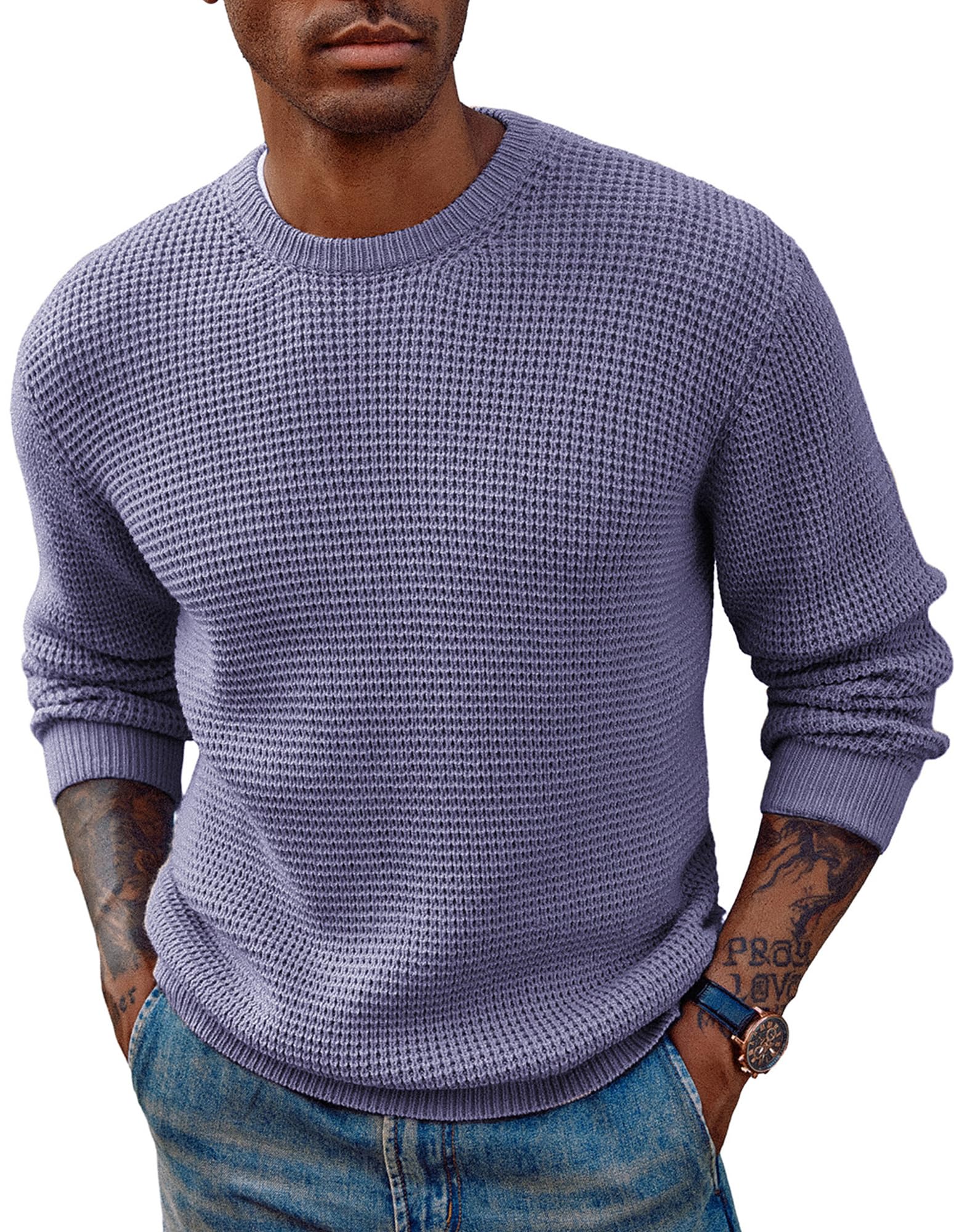 PJ PAUL JONES Mens Pullover Sweater Waffle Textured Long Sleeve Knitted Sweaters-8