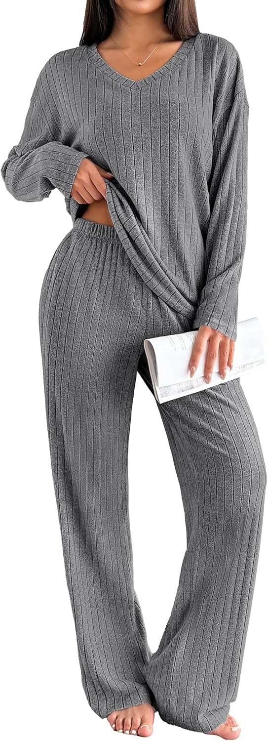 Ekouaer Lounge Sets for Women Long Sleeve Knit Ribbed Pajama Sets 2 Piece Casual Loungewear with Pockets-9