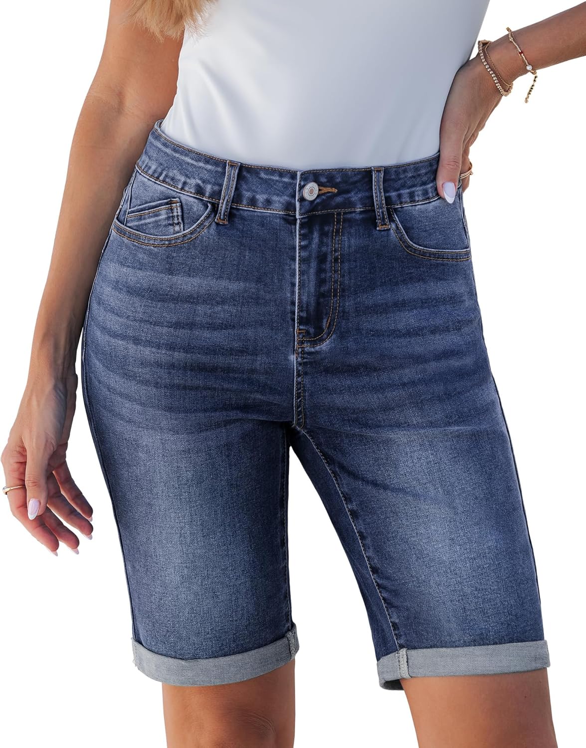 luvamia Bermuda Jean Shorts for Women Knee Length High Waisted Trendy Cuffed Hem Long Stretchy Denim Shorts Summer Jorts