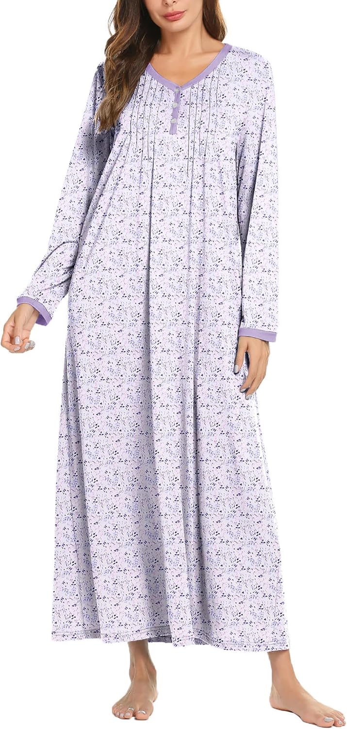 Ekouaer Women's Long Sleeve Nightgown Full Length Sleepwear Long Sleepshirts Henley Sleep Dress S-4XL-24