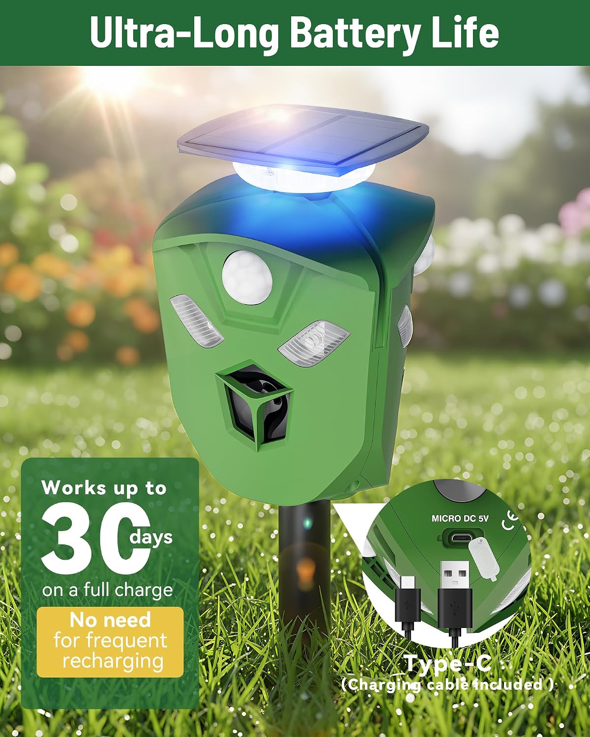 360° Solar Animal Repellent for Yard & Garden – No Blind Spot Motion Sensor to Keep Deer, Raccoons & Cats Away, Waterproof Ultrasonic & Flashing Light Outdoor Deer Repellent Device