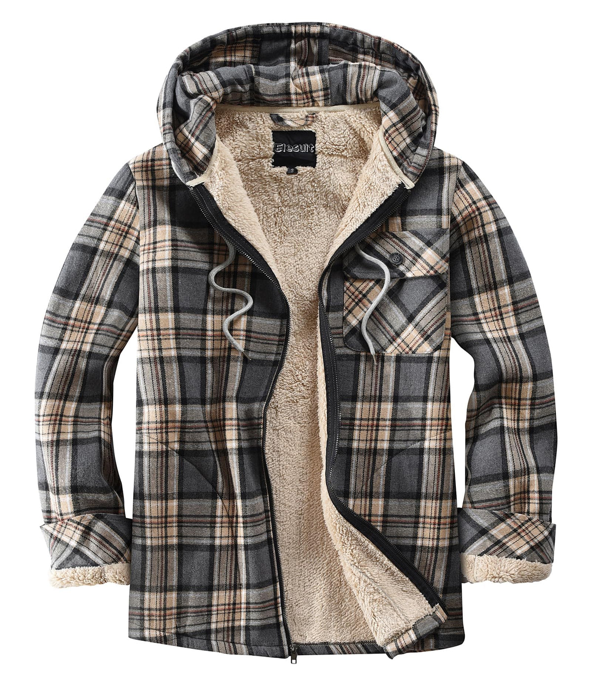 Elesuit Men's Full Zip Fleece Flannel Jacket Shirt Plaid Cotton Hoodie Coat