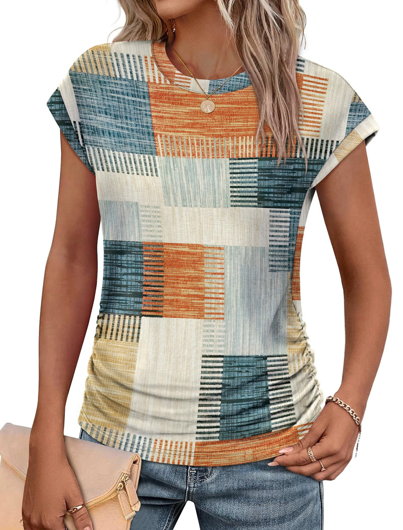 SAMPEEL Womens Summer Tops Trendy 2025 Ruched Cap Short Sleeve Tshirts Shirts Crew Neck T Shirts Fashion-70