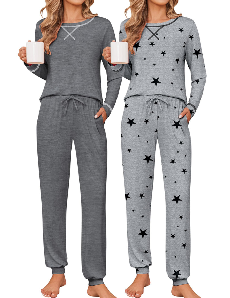 Ekouaer 2 Pack Pajama Sets for Women Long Sleeves Lounge Set Jogger Pants