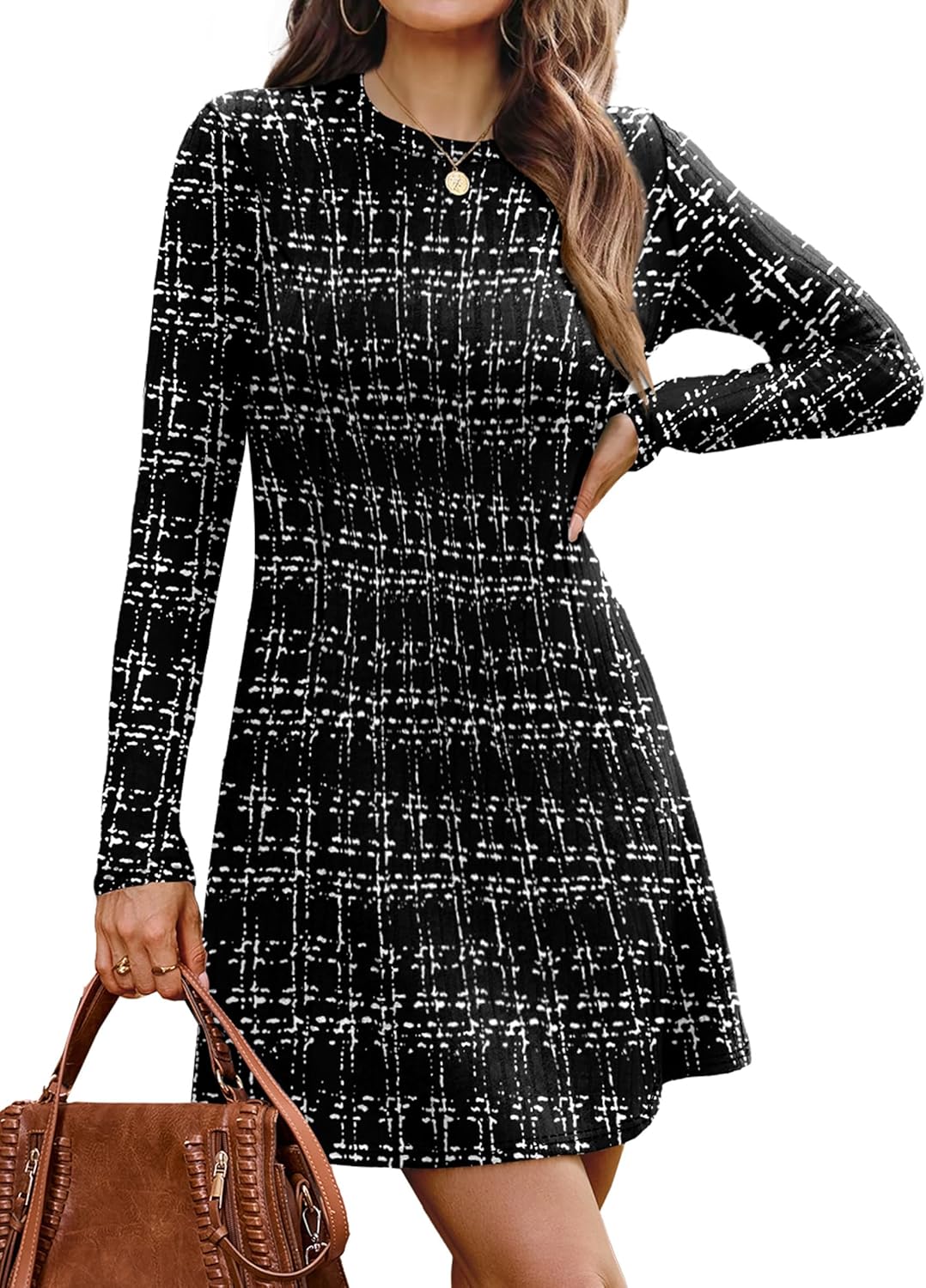 OFEEFAN Fall Dresses for Women 2025 Long Sleeve Crew Neck Sweater Dress-54