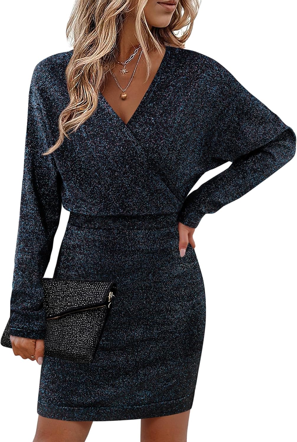 Bebonnie Womens Sexy V Neck Batwing Sleeve Sparkly Cocktail Party Sweater Dresses Holiday Bodycon Midi Dress-34