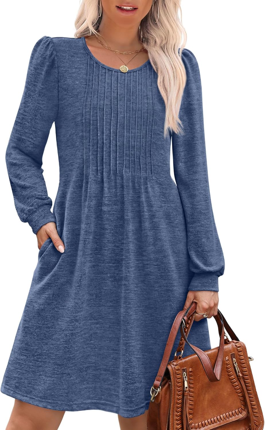 OFEEFAN Long Sleeve Dress for Women Pleated Crew Neck Casual Babydoll Sweater Dress with Pockets Fall Outfits Fashion-49