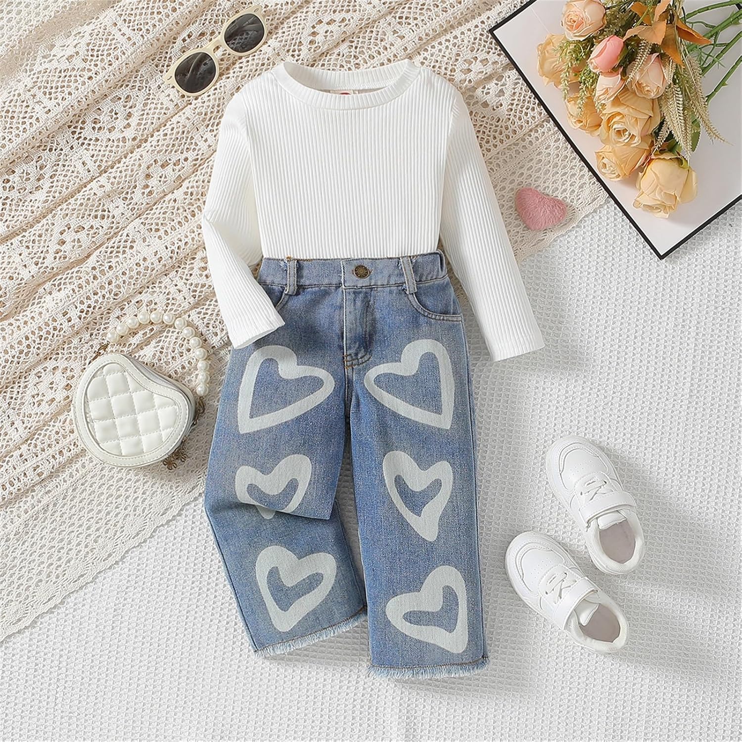 Toddler Girls Clothes 2T 3T 4T 5T 6T Ribbed Baby Kids Girl Denim Outfits Long Sleeve Tops Love Hearts Jeans Pant