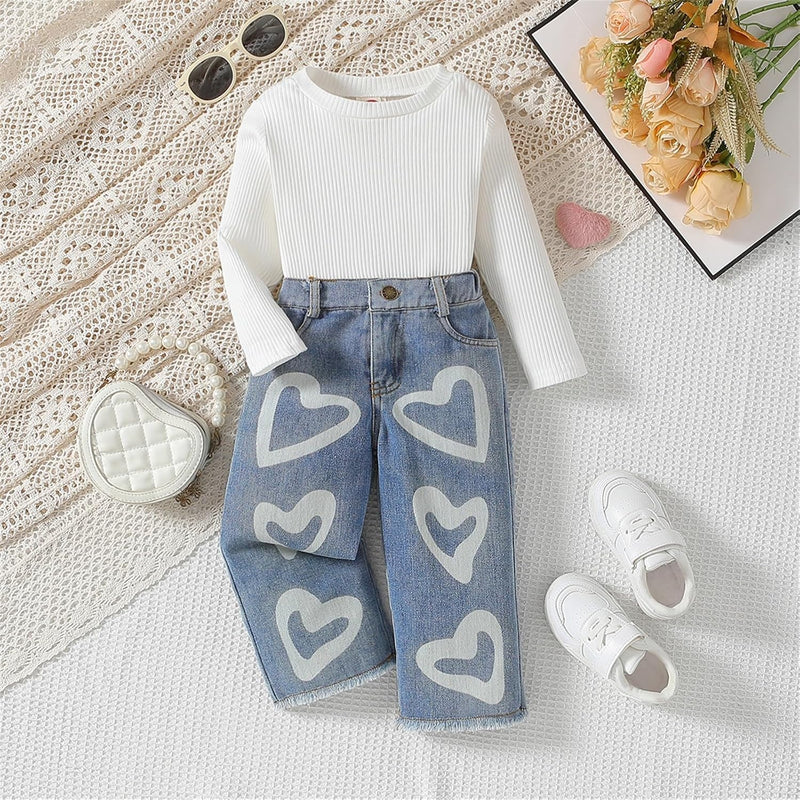 Toddler Girls Clothes 2T 3T 4T 5T 6T Ribbed Baby Kids Girl Denim Outfits Long Sleeve Tops Love Hearts Jeans Pant