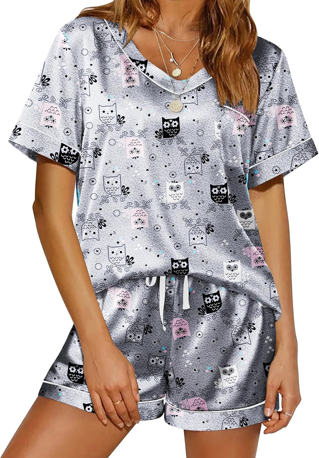 Ekouaer Silk Pajama for Women Short Sleeve Satin Pj Set Two Piece Soft Sleepwear Loungewear, S-XXL-39