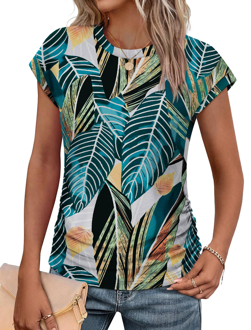 SAMPEEL Womens Summer Tops Trendy 2025 Ruched Cap Short Sleeve Tshirts Shirts Crew Neck T Shirts Fashion-28